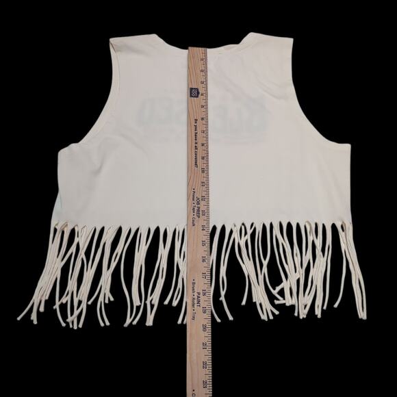 Love Peace & Lazy Days Fringe Crop Top Jr Size XL Cream Blessed Red White Blue - Picture 10 of 13